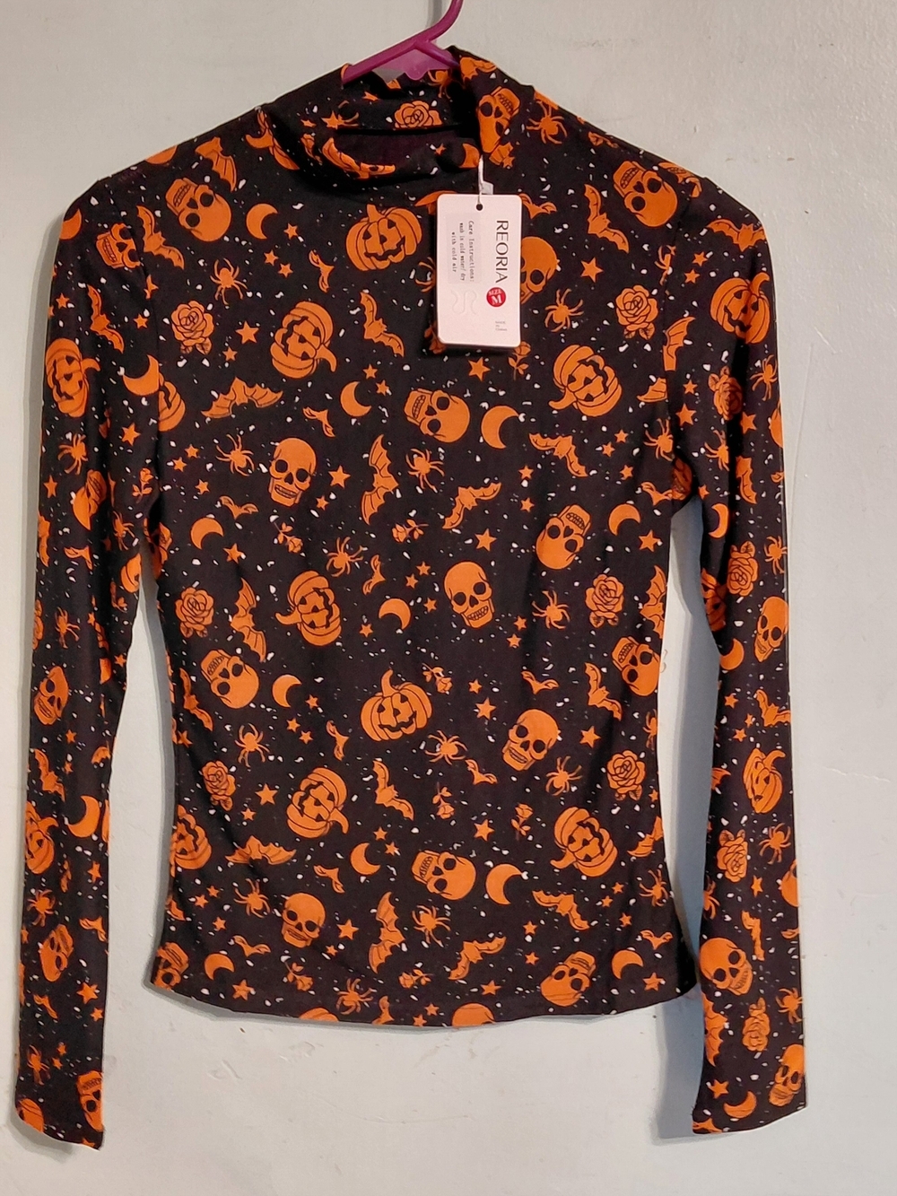 Halloween Skull & Pumpkin Turtleneck Top - Orange on Black